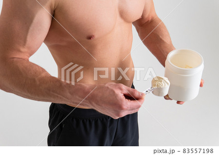 Fitness protein jars white on white background bodybuilder powder strong high ache sore cramp isolated stress, muscular Hold therapy, lower suffer attractive 83557198
