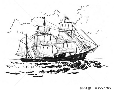 Old sailing ship in the sea. Ink black and white drawing 83557705