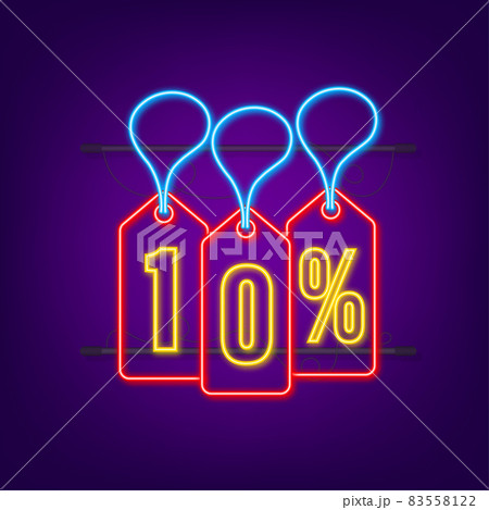 10 percent OFF Sale Discount neon tag. Discount offer price tag. 10 percent discount promotion flat icon with long shadow. Vector illustration 83558122