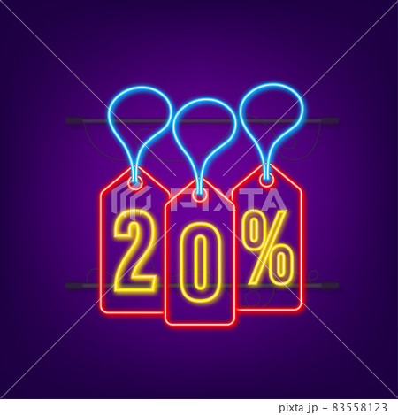 20 percent OFF Sale Discount neon tag. Discount offer price tag. 20 percent discount promotion flat icon with long shadow. Vector illustration 20 percent OFF Sale Discount neon tag. Discount offer price tag. 20 percent discount promotion flat icon with long shadow. Vector illustration 83558123