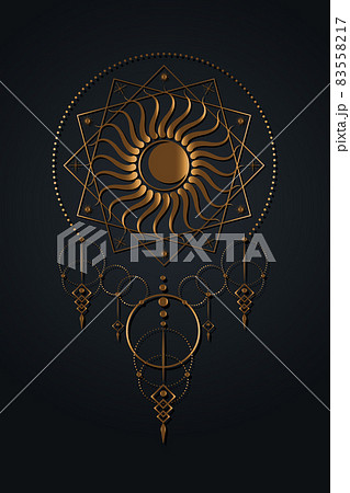 Moon and Sun logo template, Sacred Geometry, boho style, Gold Wicca icon, radial rays symbol, concept of God and Goddess tattoo style, Masonic symbology, vector isolated on black background 83558217