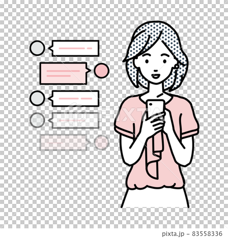 立ってスマートフォンで楽しくチャットで会話するオフィスカジュアルの女性 立ってスマートフォンで楽しくチャットで会話するオフィスカジュアルの女性 83558336