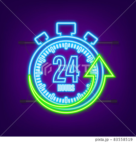 24 hours clock arrow. Neon icon. Work time effect or delivery service time. Vector stock illustration 24 hours clock arrow. Neon icon. Work time effect or delivery service time. Vector stock illustration 83558519