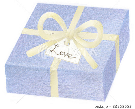 白いリボン付き青いプレゼントボックスの色鉛筆画イラストのイラスト素材