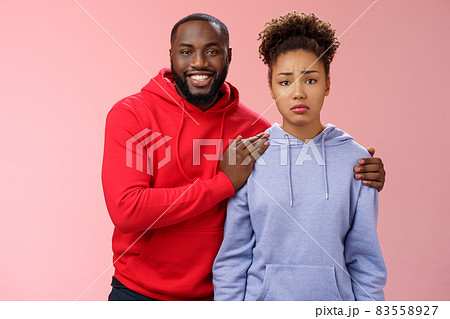 Girl unwilling participate event feel nervous insecure boyfriend encouraging hugging boost confidense assuring everything alright smiling self-assured promise everything be okay, pink background Girl unwilling participate event feel nervous insecure boyfriend encouraging hugging boost confidense assuring everything alright smiling self-assured promise everything be okay, pink background 83558927