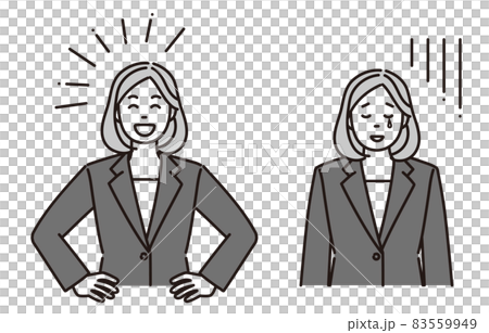 Monochrome illustration of a happy or depressed business woman 2 pose set 83559949
