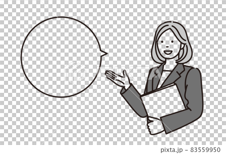 書類を脇に抱えて説明をするビジネスウーマンのモノクロイラスト 83559950