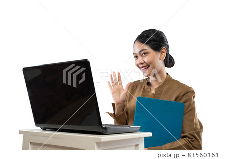 Smiling woman in civil servant uniform using laptop to work 83560161