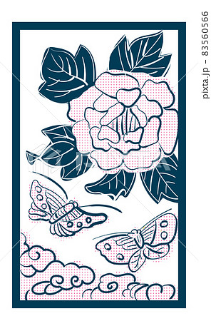 花札のイラスト バラ単枚ダブルトーン 白黒 6月牡丹に蝶 日本のカードゲームのイラスト素材