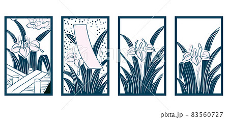 花札のイラスト ダブルトーン白黒 5月杜若 日本のカードゲームのイラスト素材