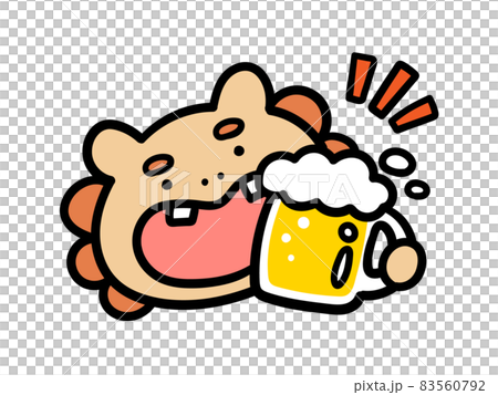 沖縄のビールで乾杯するシーサーのかわいい手書き風イラストのイラスト素材