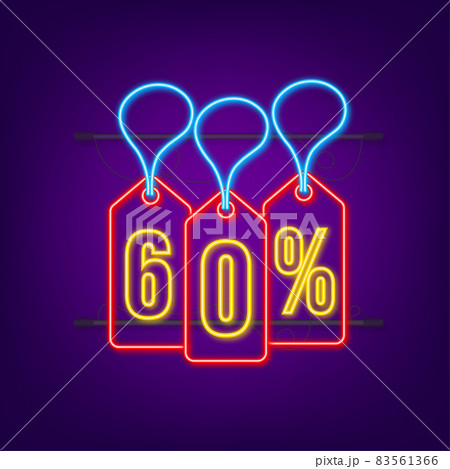 60 percent OFF Sale Discount neon tag. Discount offer price tag. 60 percent discount promotion flat icon with long shadow. Vector illustration 60 percent OFF Sale Discount neon tag. Discount offer price tag. 60 percent discount promotion flat icon with long shadow. Vector illustration 83561366