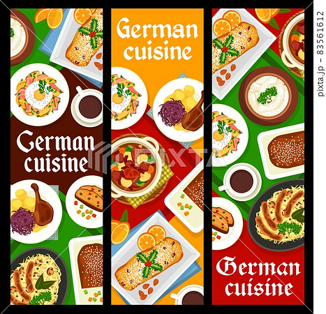German meals and dishes banners. Beef goulash, fried cheese potato and bread with dried fruits, roast goose with potato, Christmas Stollen and sauerkraut with pork sausages, white sausages Weisswurst German meals and dishes banners. Beef goulash, fried cheese potato and bread with dried fruits, roast goose with potato, Christmas Stollen and sauerkraut with pork sausages, white sausages Weisswurst 83561612