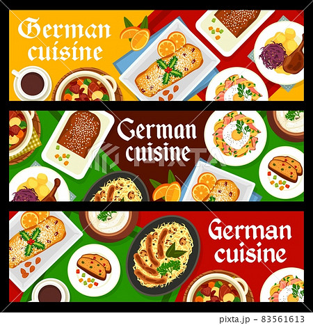 German restaurant meals banners. Christmas Stollen, white sausages Weisswurst and fried cheese potato, bread with dried fruits, roast goose and beef goulash with bell peppers, sauerkraut with sausages 83561613