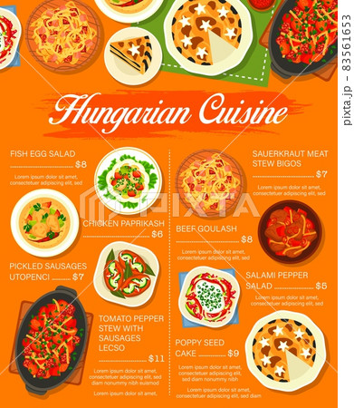 Hungarian cuisine menu. Beef goulash, pickled sausages utopenci and chicken Paprikash, Lecso stew with sausages, salami pepper salad and poppy seed cake, sauerkraut meat stew Bigos, fish egg salad 83561653