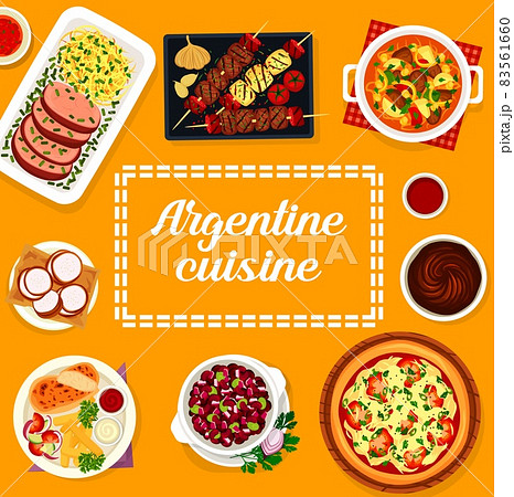 Argentine cuisine menu cover. Bbq meat and sausages Asado, meat stew Guiso and onion pizza Fugazza, Lama steak, cookie Alfajores and turkey Milanesa, bean stew Locro, Dulce de Leche Argentine cuisine menu cover. Bbq meat and sausages Asado, meat stew Guiso and onion pizza Fugazza, Lama steak, cookie Alfajores and turkey Milanesa, bean stew Locro, Dulce de Leche 83561660