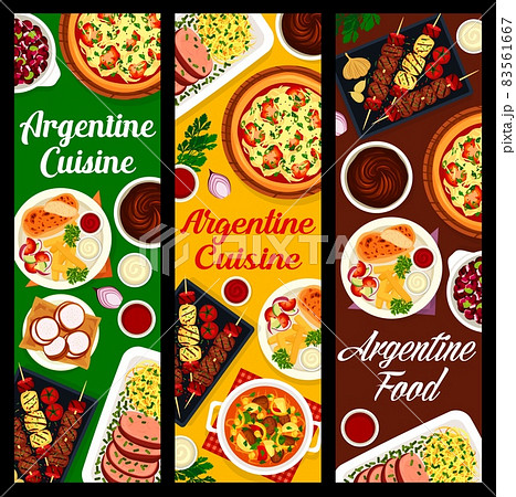Argentine cuisine restaurant horizontal banners. Meat stew Guiso, bbq meat and sausages Asado, Lama steak, turkey Milanesa and onion pizza Fugazza, cookie Alfajores, Dulce de Leche and bean stew Locro 83561667