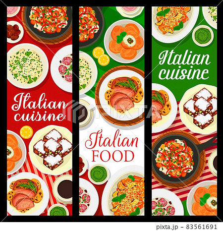 Italian cuisine vector banners of restaurant pasta dishes with meat and vegetable food, panforte dessert and coffee. Potato gnocchi, baked lamb, cheese and rice arancini with gremolata and pesto sauce 83561691