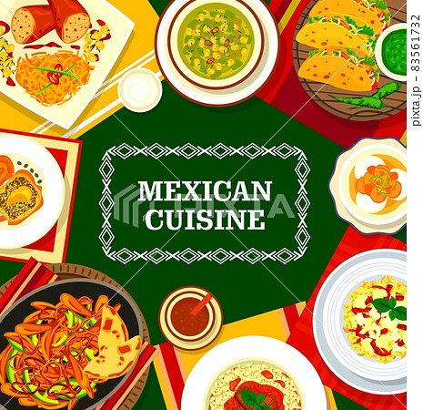 Mexican restaurant menu cover with vector frame of spice food. Vegetable meat tacos, chicken fajitas and avocado corn soup, chilli con carne, sauce and stuffed peppers, chorizo pasta, banana dessert 83561732