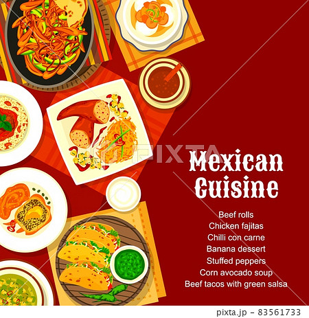 Mexican cuisine menu cover with vector spice food of vegetable and meat dishes. Taco with salsa sauce, stuffed peppers and chilli con carne, chicken fajitas, corn avocado soup and chorizo pasta 83561733