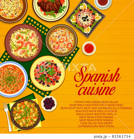 Spanish cuisine restaurant vector menu cover with meat and seafood meal, fish and vegetable salads. Paella dishes with rice and pasta, extremadura beef steak, bean soup and stew with ham and sausages 83561734