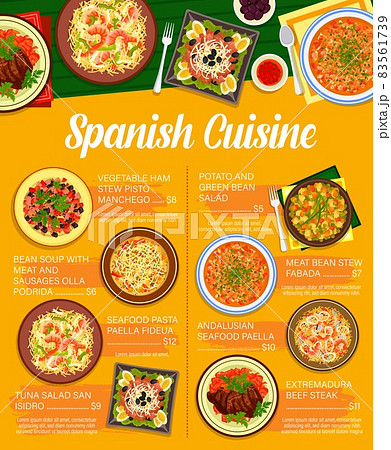 Spanish cuisine restaurant vector menu of meat and vegetable food, rice and pasta seafood paella and fish salad dishes. Bean sausage soup, extremadura beef steak and vegetable ham stew Spanish cuisine restaurant vector menu of meat and vegetable food, rice and pasta seafood paella and fish salad dishes. Bean sausage soup, extremadura beef steak and vegetable ham stew 83561739
