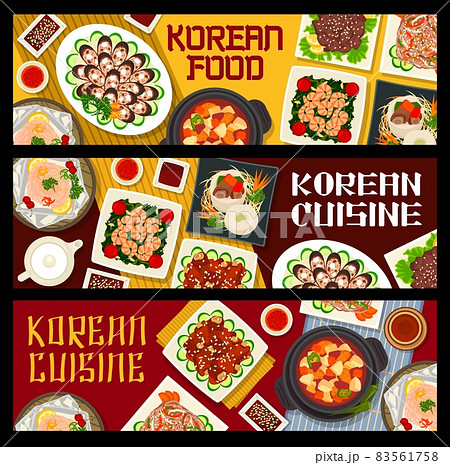 Korean cuisine vector fried shrimp with spinach, baked troutfish and beef bulgogi. Pork ribs in soy sauce dwaeji galbi, spicy beef soup yukgaejang and starch noodles with beef japchae food of Korea Korean cuisine vector fried shrimp with spinach, baked troutfish and beef bulgogi. Pork ribs in soy sauce dwaeji galbi, spicy beef soup yukgaejang and starch noodles with beef japchae food of Korea 83561758