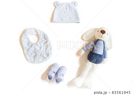 Newborn baby clothing and rabbit toy on white background,Top view, flat lay. 83561945