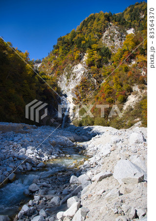 高瀬渓谷　美しい紅葉に包まれた濁沢の滝（白竜の滝）　長野県大町市 83564370