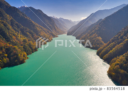 紅葉に包まれた高瀬ダムの美しいエメラルドグリーンの湖面　長野県大町市（ドローンによる空撮） 83564518