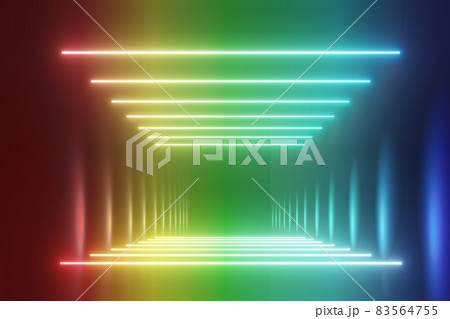 3d render of RGB neon light on darkness background. Abstract Laser lines show at night. Ultraviolet spectrum beam scene 83564755