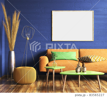 Interior with yellow sofa in modern living room with blue wall and mockup poster, home design 3d rendering Interior with yellow sofa in modern living room with blue wall and mockup poster, home design 3d rendering 83565227