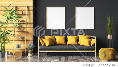 Interior with black sofa and ladder shelf in modern living room with wooden panelling and black wall with posters, home design 3d rendering 83565235