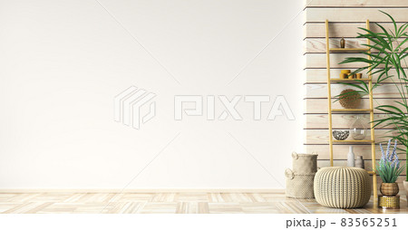 Interior with knitted ottoman and ladder shelf in modern living room with wooden panelling and empty mockup wall, home design 3d rendering 83565251