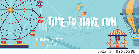 Banner vector illustration in flat style. Promo of amusement park with various attractions. 83565599