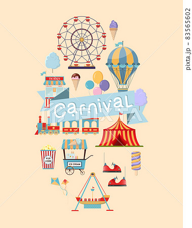 Vertical flyer template for carnival or festival with ferris wheel, piret ship, amusement train ride 83565602