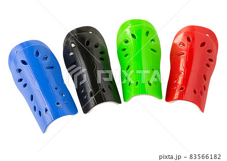 leg protection, for playing football or for karate, four pairs, colored, on a white background 83566182