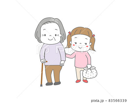 杖を突いて歩くおばあちゃんの荷物を持って手助けしている女の子 杖を突いて歩くおばあちゃんの荷物を持って手助けしている女の子 83566339
