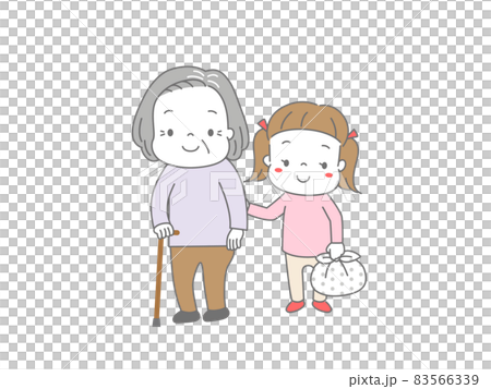 杖を突いて歩くおばあちゃんの荷物を持って手助けしている女の子 杖を突いて歩くおばあちゃんの荷物を持って手助けしている女の子 83566339