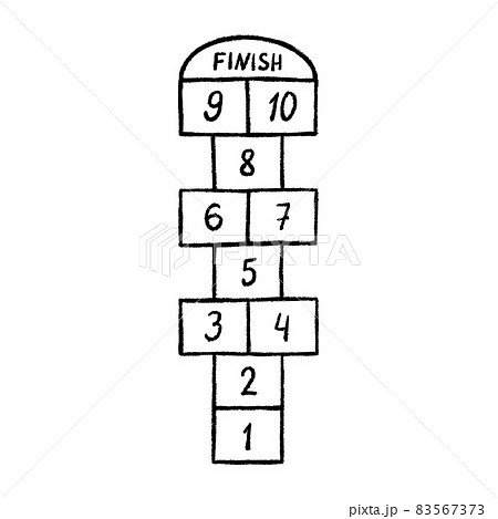 Hopscotch kid activity game. Hopscotch with black numbers. Outdoor summer game. Hand drawn vector illustration isolated on white background 83567373