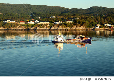 静かなノルウェー峡湾の海を行く貨物船 83567615