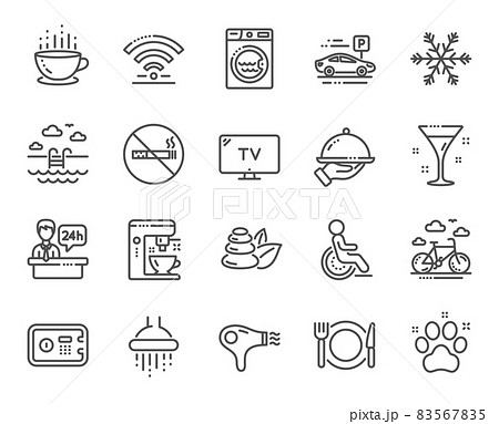 Hotel service line icons. Wi-Fi, Air conditioning and Coffee maker machine. Spa stones, swimming pool and bike rental icons. Hotel parking, safe and shower. Food, coffee cup. Vector 83567835