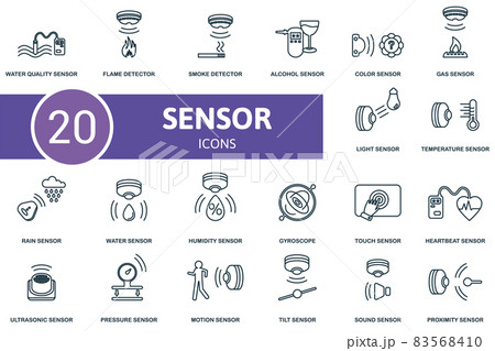 Sensor icon set. Collection of simple elements such as the water quality, flame detector, smoke, temperature, rain sensor, humidity sensor, alcohol sensor. 83568410