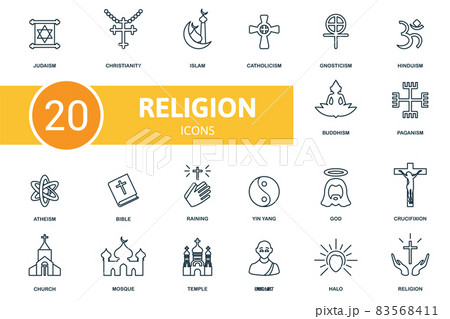Religion icon set. Collection of simple elements such as the judaism, christianity, islam, paganism, atheism, raining, catholicism. 83568411