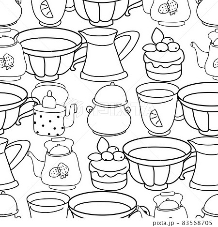 Seamless black and white pattern. Tea drinking illustration. Seamless black and white pattern. Tea drinking illustration. 83568705