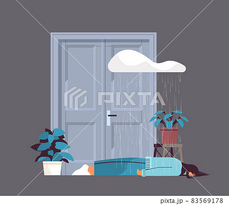 unhappy woman lying on floor under rain cloud girl feeling desperate and lonely mental health diseases depression 83569178