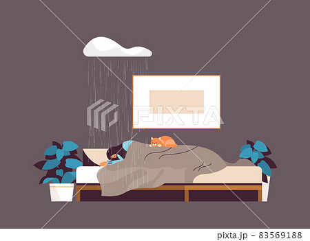unhappy woman sleeping under rain cloud girl feeling desperate and lonely mental health diseases depression stress 83569188