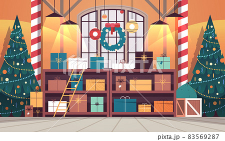 no people santa claus factory with gifts and decorated christmas tree new year winter holidays celebration concept no people santa claus factory with gifts and decorated christmas tree new year winter holidays celebration concept 83569287