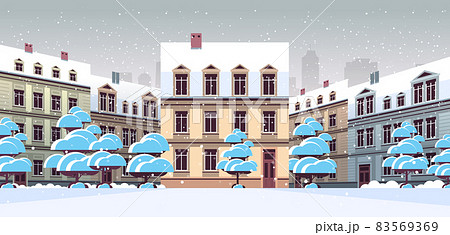 winter city street with modern houses exterior urban buildings facade horizontal cityscape background 83569369