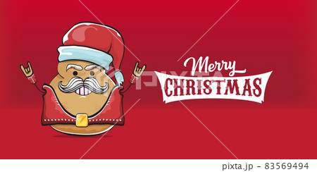 vector rock star santa potato funny cartoon cute character with with red santa hat and calligraphic merry christmas text isolated on red horizontal background. rock n roll christmas party banner 83569494